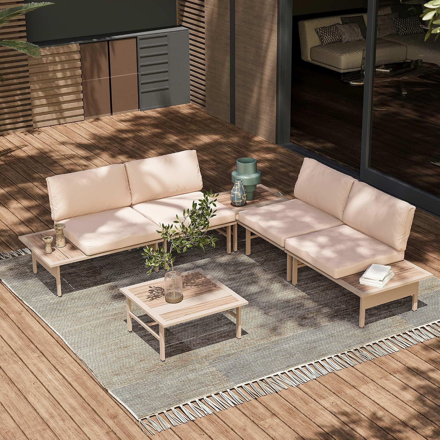 LAUSAINT HOME 6 Pieces Patio Furniture Set, Outdoor Metal Frame Patio Conversation Sets with Coffee Table & Thick Cushions for Garden, Poolside, Backyard(Beige)