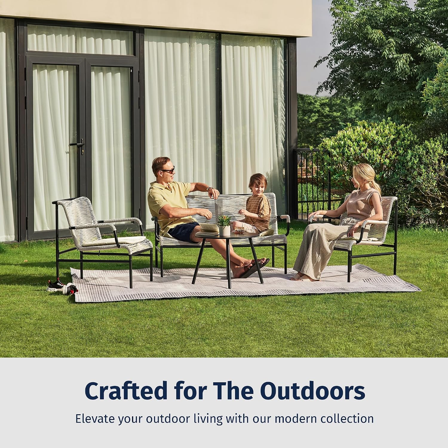 East Oak 4 Piece Patio Furniture Set, Outdoor Furniture with PE Wicker Rattan Chairs and Coffee Table, Modern Patio Conversation Set with Soft Pad for Garden, Backyard and Porch, Apricot