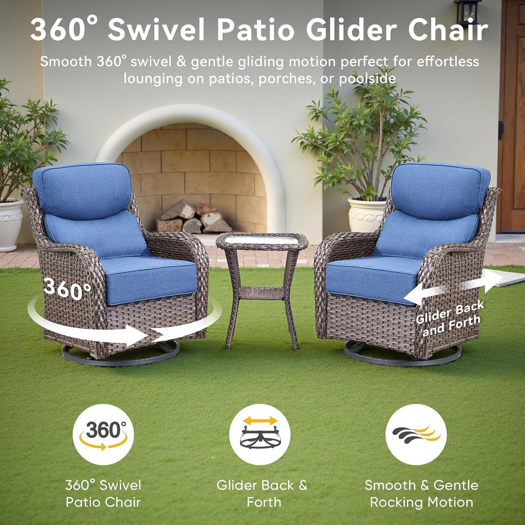 Luxury High Back Outdoor Swivel Rocker Patio Chairs with Side Table & 6-Inch Thick Cushions, 3 Pieces Patio Furniture Set for Porch, Balcony, Deck and Yard