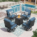 PHI VILLA 5 Piece Patio Furniture Set with 28' Firepit Table, 4 Outdoor 5.75' Cushioned Metal Frame Swivel Sofa Chairs & 28' Gas Firepit Table, Outside Furniture Set for Lawn Garden(Navy Blue)