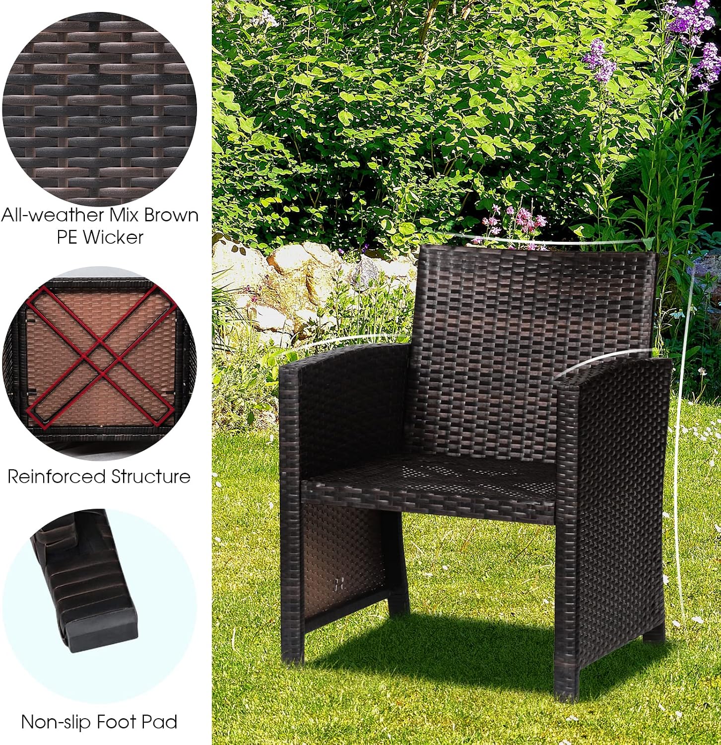 Tangkula 3 Pieces Outdoor Wicker Conversation Set with Waterproof Cover, 2 Patio PE Rattan Cushioned Chairs with Side Storage Table, Suitable for Front Porch, Balcony, Garden, Poolside and Yard (Grey)