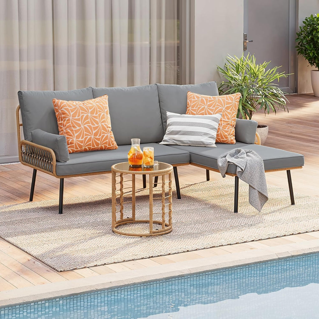 Gizoon 3-Piece Outdoor Patio Furniture Set, All-Weather PE Wicker L-Shaped Conversation Sofa with Thick Cushions & Glass Table, for Backyard, Porch, Balcony, Poolside (Grey)