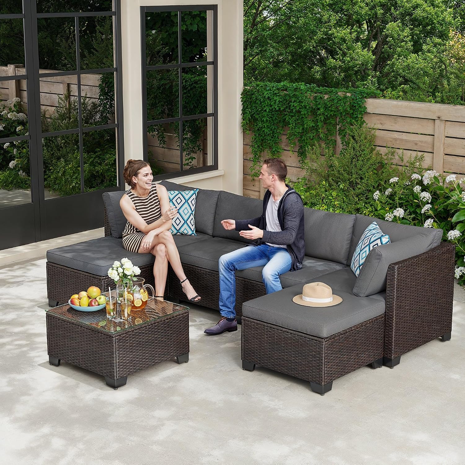 Gizoon 7 Pieces Outdoor Patio Furniture Set, All-Weather PE Rattan Wicker Sectional Sofa Seating with Waterproof Cushions and Coffee Table, Outdoor Conversation Set for Garden, Backyard, Balcony