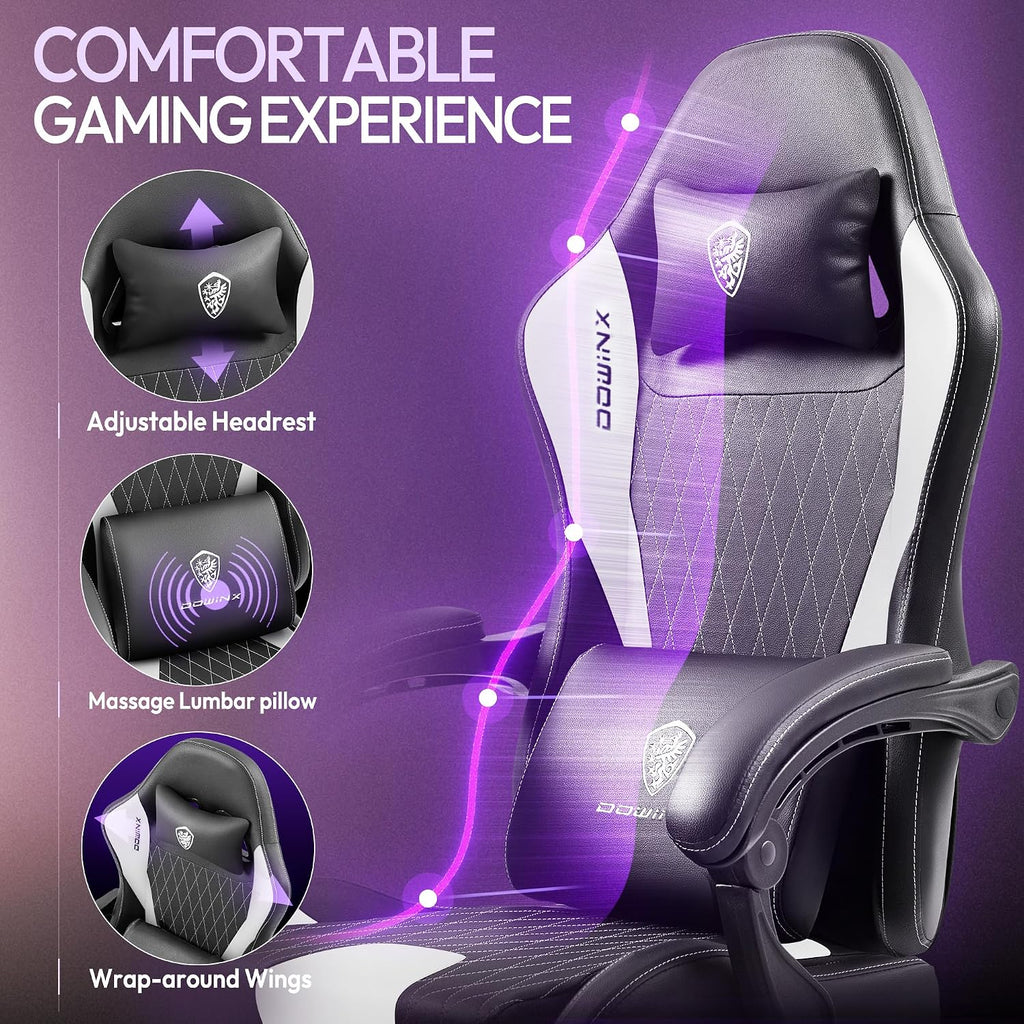 Dowinx Gaming Chair with Massage Lumbar Support and Footrest, Gaming Chairs for Adults, Ergonomic Computer Chair High Back with Pocket Spring Cushion, Swivel Recliner with Headrest, White