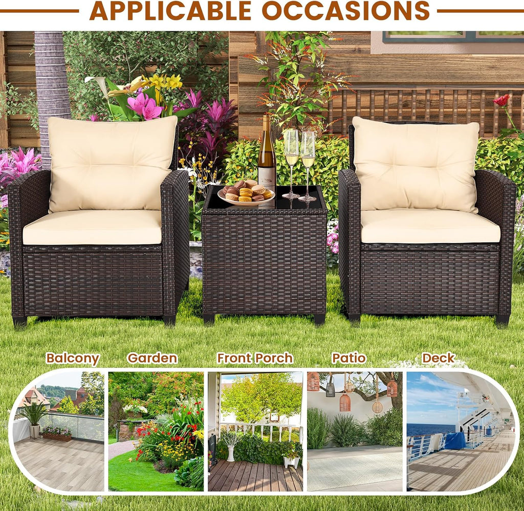 ORALNER 3 Pieces Patio Furniture Set, Outdoor Wicker Conversation Set Rattan Chairs with Cushions, Glass Coffee Table, Bistro Set for Front Porch Balcony Garden Deck Poolside (Beige)