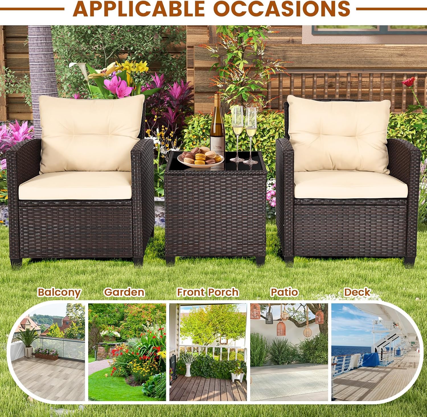 ORALNER 3 Pieces Patio Furniture Set, Outdoor Wicker Conversation Set Rattan Chairs with Cushions, Glass Coffee Table, Bistro Set for Front Porch Balcony Garden Deck Poolside (Beige)