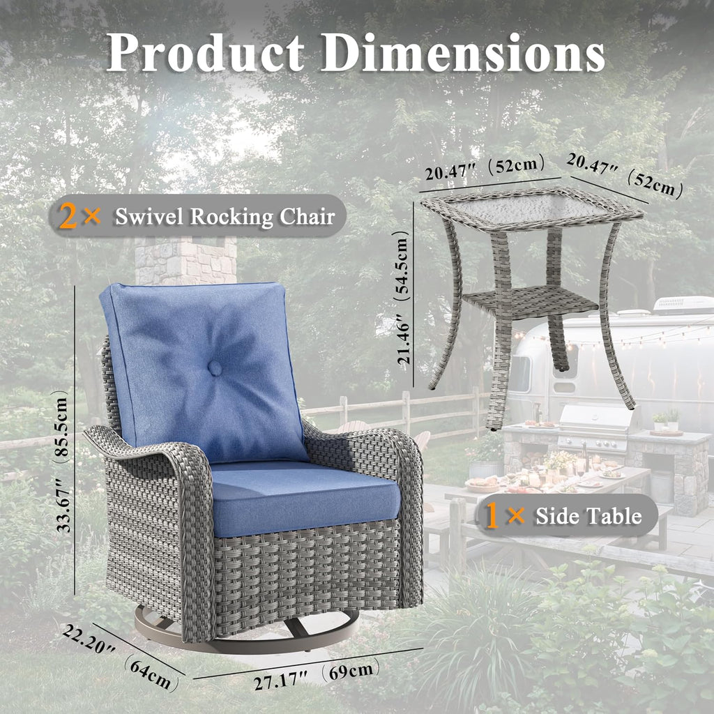 2-Seat Modern Patio Furniture Set with Swivel Rocking Chairs, Thick 4″ Cushions, Dual-Strand Wicker Rattan, Rust-Resistant Steel Frame – Outdoor Conversation & Modular Sectional,Navy