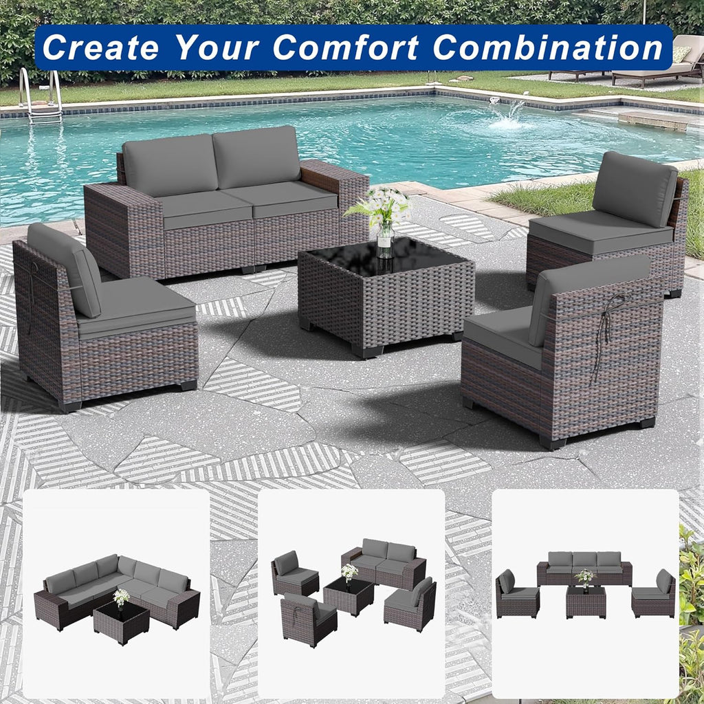 Outdoor Patio Furniture Set, 6 Pieces Outdoor Sectional Furniture High Backrest Patio Sofa, All-Weather PE Rattan Patio Conversation Set with Coffee Table & Cushions