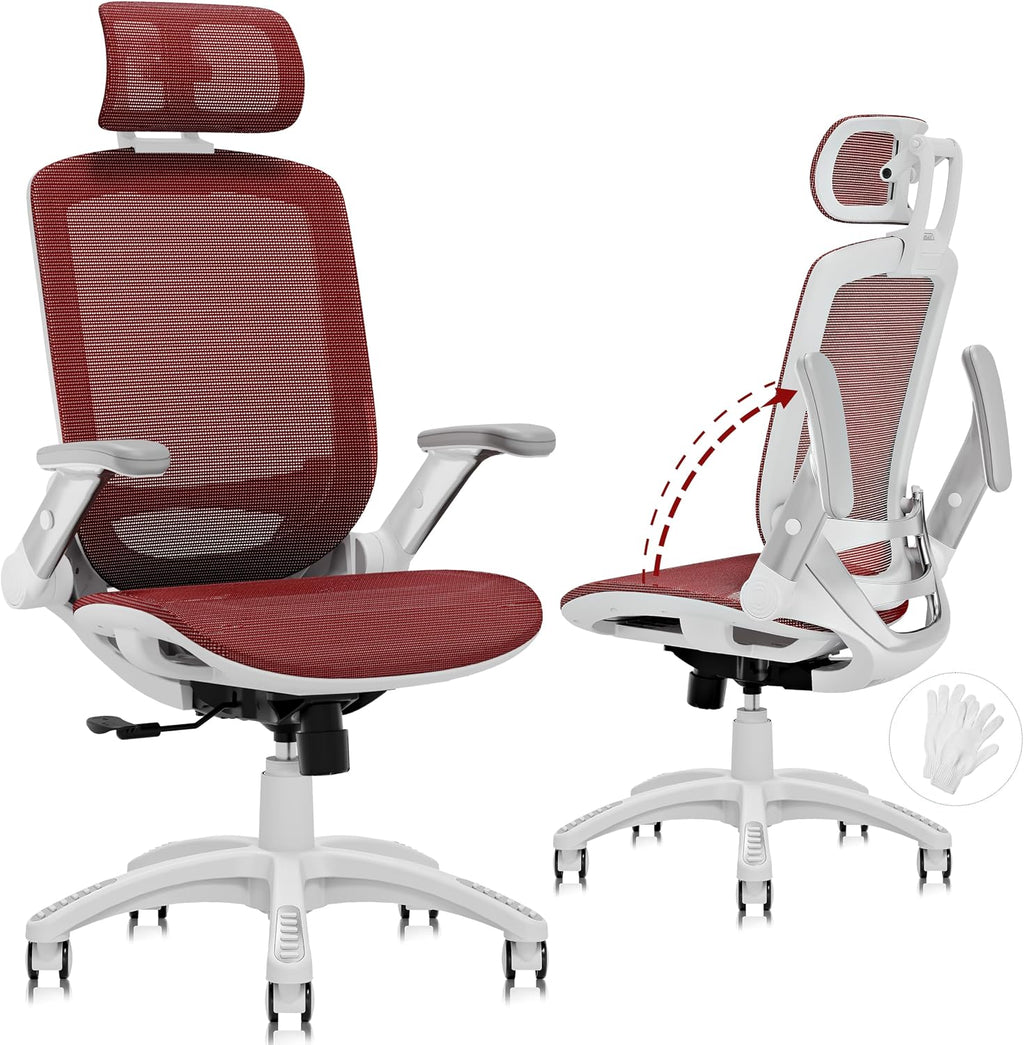 GABRYLLY Ergonomic Office Chair, High Back Home Desk Chair with Headrest, Flip-Up Arms, 90-120° Tilt Lock and Wide Cushion, 300LBS Mesh Chairs for Man Woman, White Task Chair(Red,GY01WR)