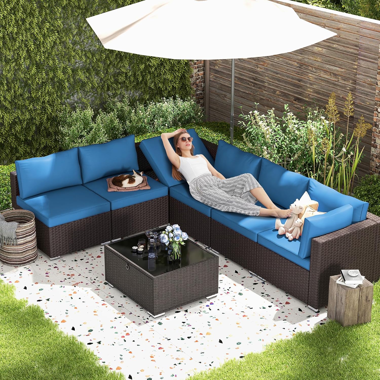 HOMREST 7 Piece Patio Furniture Set with Adjustable Bracket All-Weather Wicker Conversation Set with Coffee Table for Porch Garden Backyard (Blue)