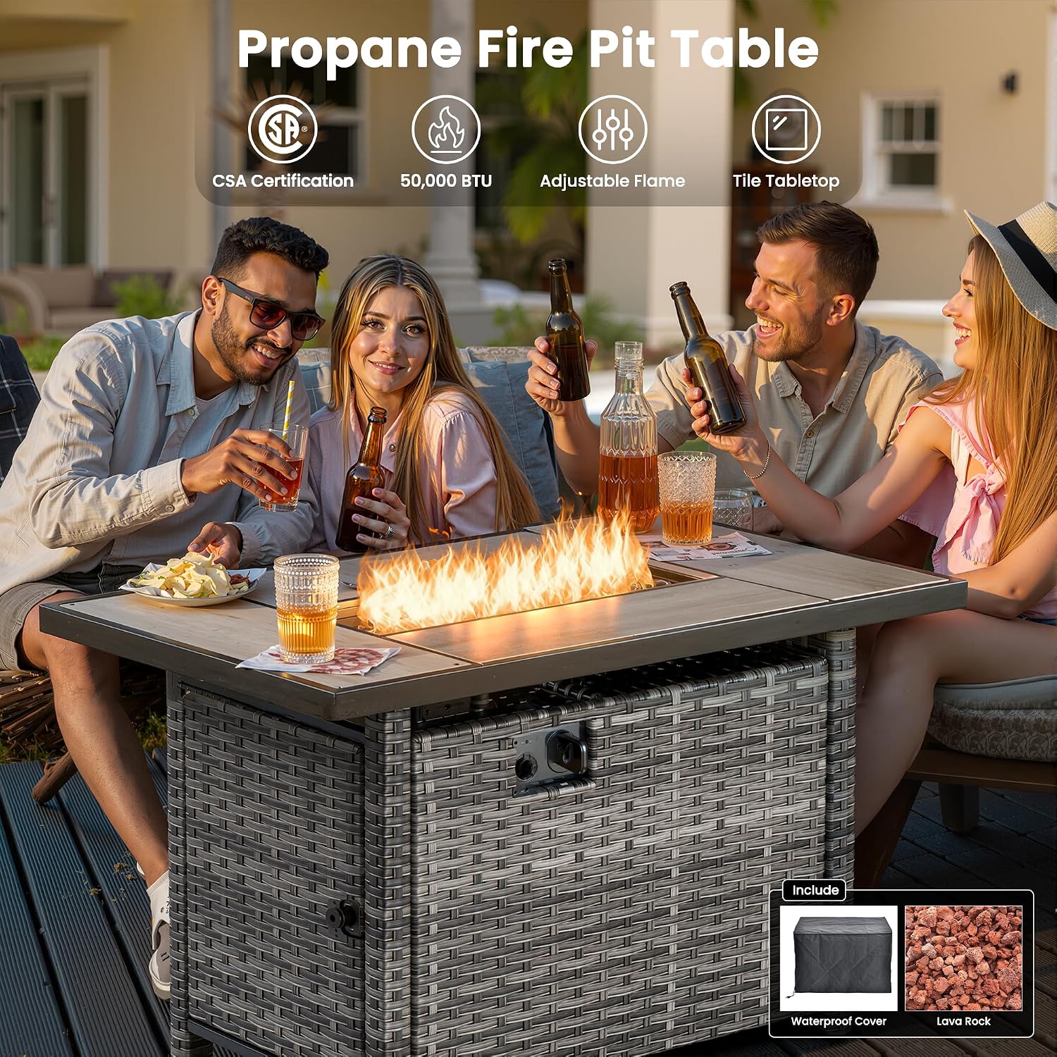 ovios 5 Pieces Patio Furniture Set with 42' Fire Pit Table, Outdoor Wicker Sofa with Loveseat, Comfy Cushions, High Back Couch Conversation Set, Grey Rattan, Denim Blue