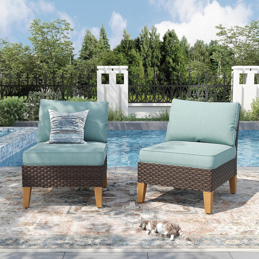 PHI VILLA 2 Pieces Wicker Patio Sofa Set, Rattan Sofa Set with Deep Seating for Poolside, Garden 2 x Armless Sofa, Aqua Blue