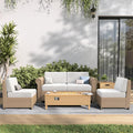 SUNSHINE VALLEY Patio Furniture Set, Sectional Wicker Outdoor Furniture with Fire Pit Table, 5.5' Thick Waterproof Cushion Modular Conversation 5 Pieces Sofa Set for Garden Deck Backyard, Beige