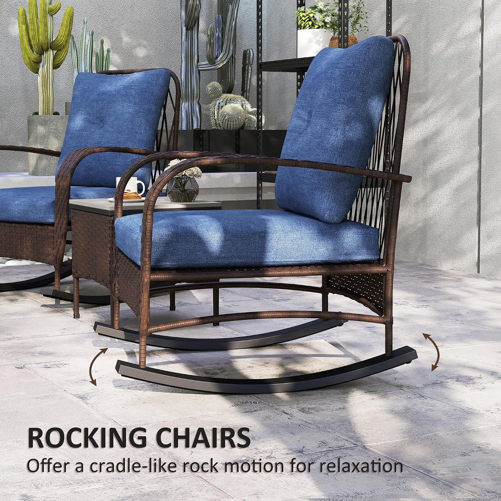 Outsunny 3 Piece Wicker Patio Furniture Set, PE Rattan Rocking Chairs with Coffee Table, Cushions, Outdoor Bistro Set for Porch, Garden, Poolside, Brown