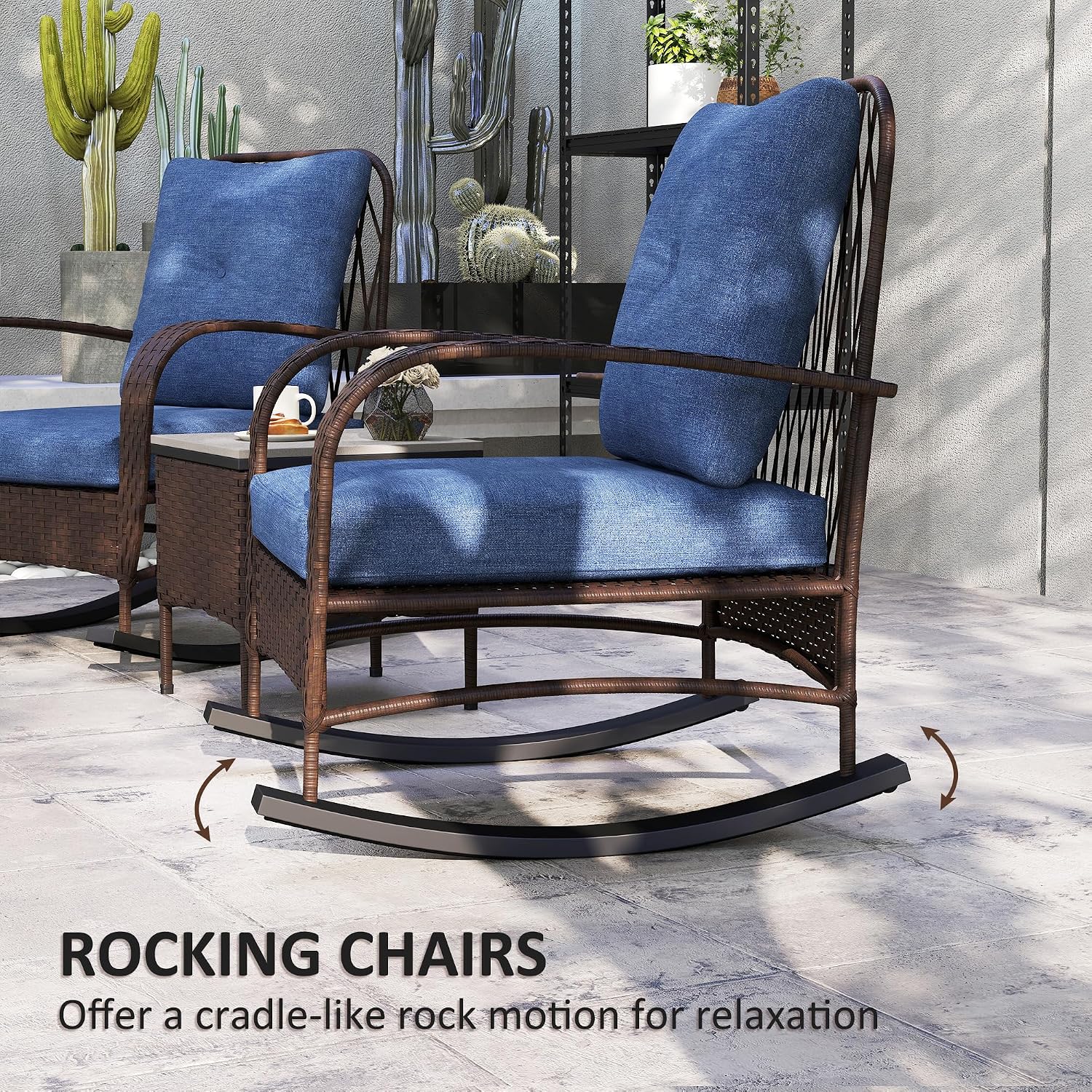 Outsunny 3 Piece Wicker Patio Furniture Set, PE Rattan Rocking Chairs with Coffee Table, Cushions, Outdoor Bistro Set for Porch, Garden, Poolside, Brown