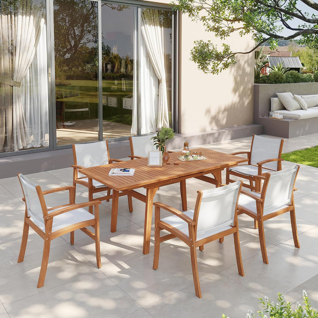 OC Orange-Casual Patio Furniture Set, Acacia Wood Patio Dining Set for 6-8, Outdoor Expandable Table and Chairs Set with Umbrella Hole and Breathable Textilene Fabric for Garden (White, 7 Pieces)