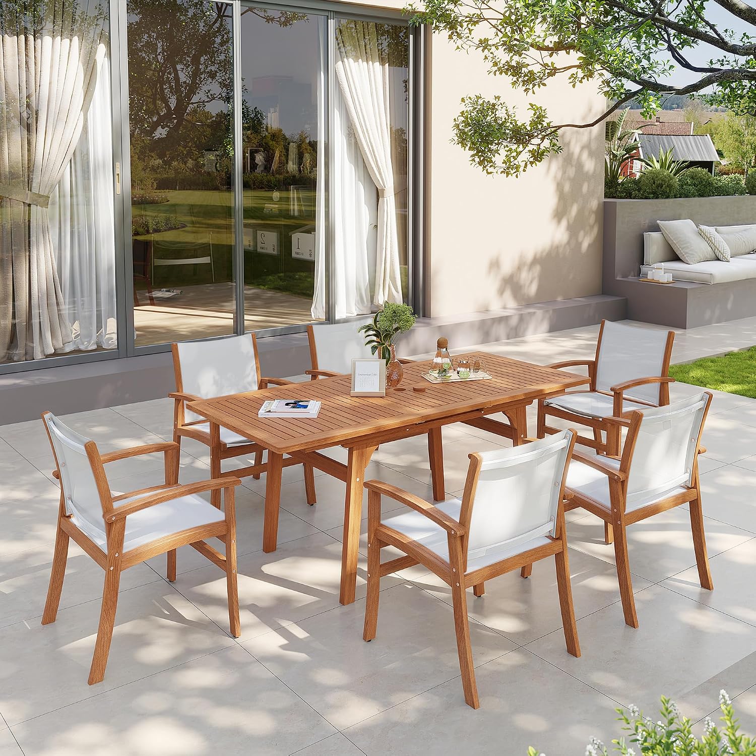 OC Orange-Casual Patio Furniture Set, Acacia Wood Patio Dining Set for 6-8, Outdoor Expandable Table and Chairs Set with Umbrella Hole and Breathable Textilene Fabric for Garden (White, 7 Pieces)