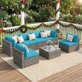 Green4ever 7 Piece Outdoor Patio Furniture Sets, Wicker Patio Outdoor Sectional Sofa with Glass Table Removable Cushions, All Weather Patio Conversation Sets for Porch Balcony Backyard, Light Blue
