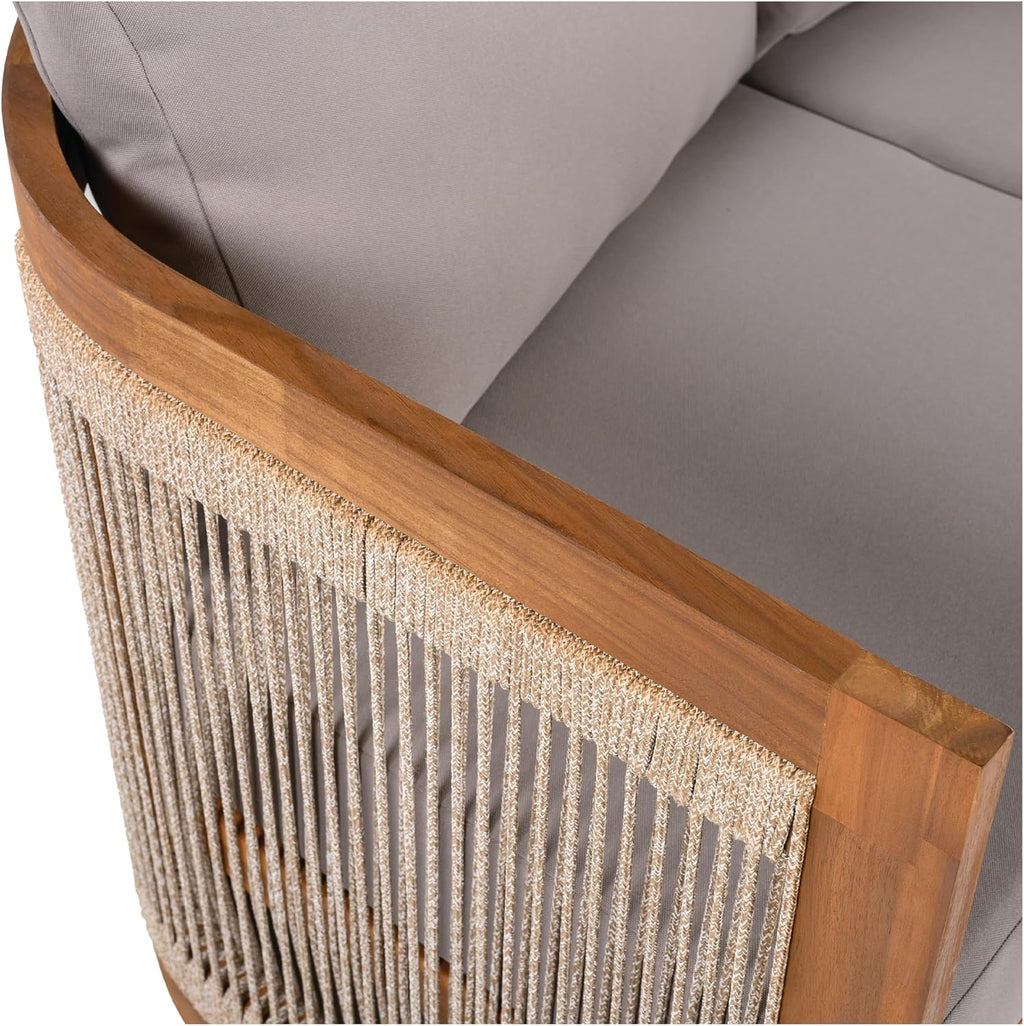 Christopher Knight Home Nesbit 4 Pieces Conversation Set, Acacia Wood Chat Set, Woven Rope Loveseat and Accent Chairs, Slat Panel Coffee Table, Patio Furniture Set for Backyard Balcony Garden, Gray
