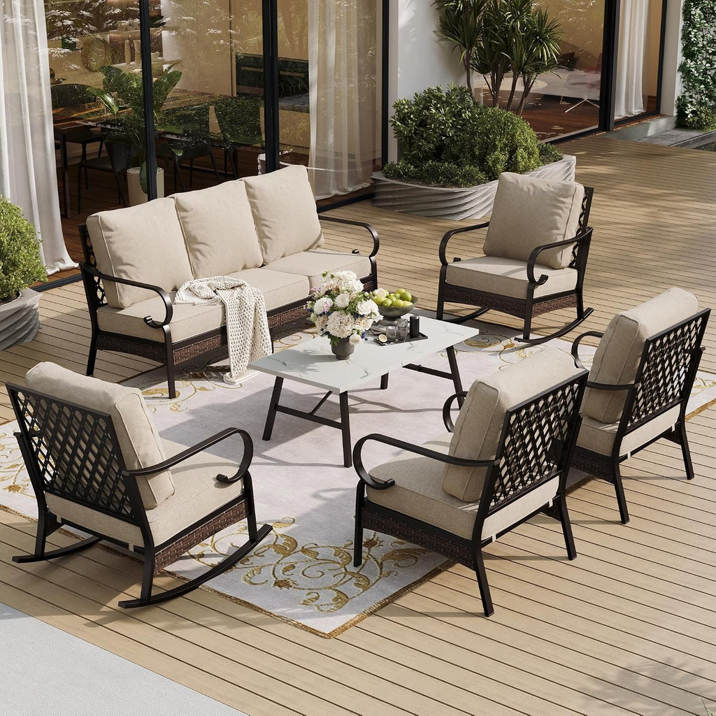 SUNSHINE VALLEY 6 Piece Metal Outdoor Patio Furniture Set, Patio Conversation Set 1 3-Seater Sofa, 2 Fixed Sofa, 2 Rocking Sofa with 5.75' Thick Cushion & Coffee Table Black Backyard Furniture, Beige