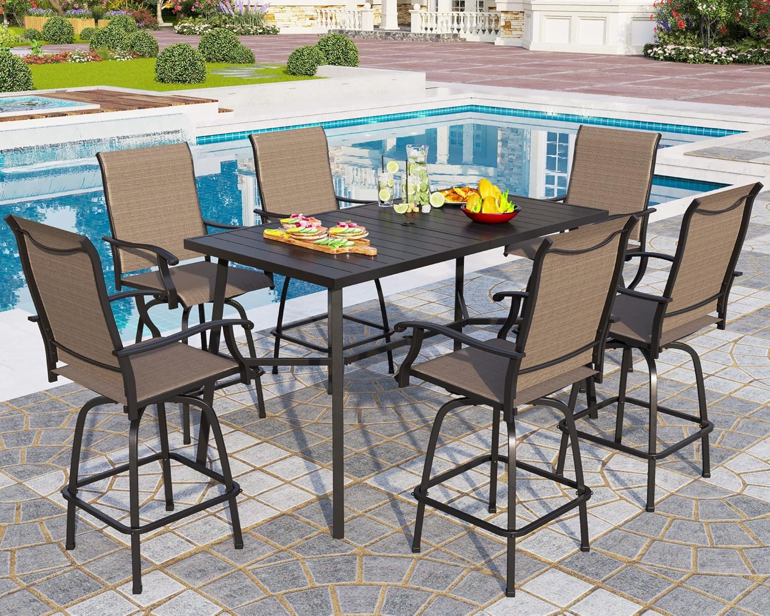 PHI VILLA 7 Piece High Patio Bar Dining Set, Bar Height Outdoor Table and Chairs Patio Furniture Set with 6 Patio Swivel Bar Stools & 40' Table for Garden, Yard and Terrace