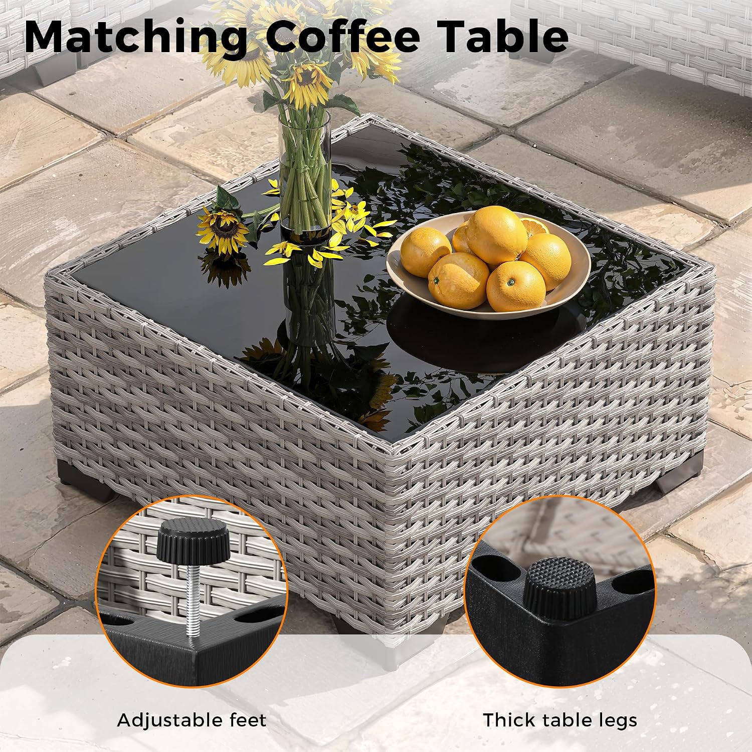 8-Seat Outdoor Wicker Patio Furniture Set with Fire Pit Table, Modular Rattan Sectional Sofa & 2 Swivel Rocking Chairs, 4' Thick Cushions, Rust-Resistant Frame,Navy