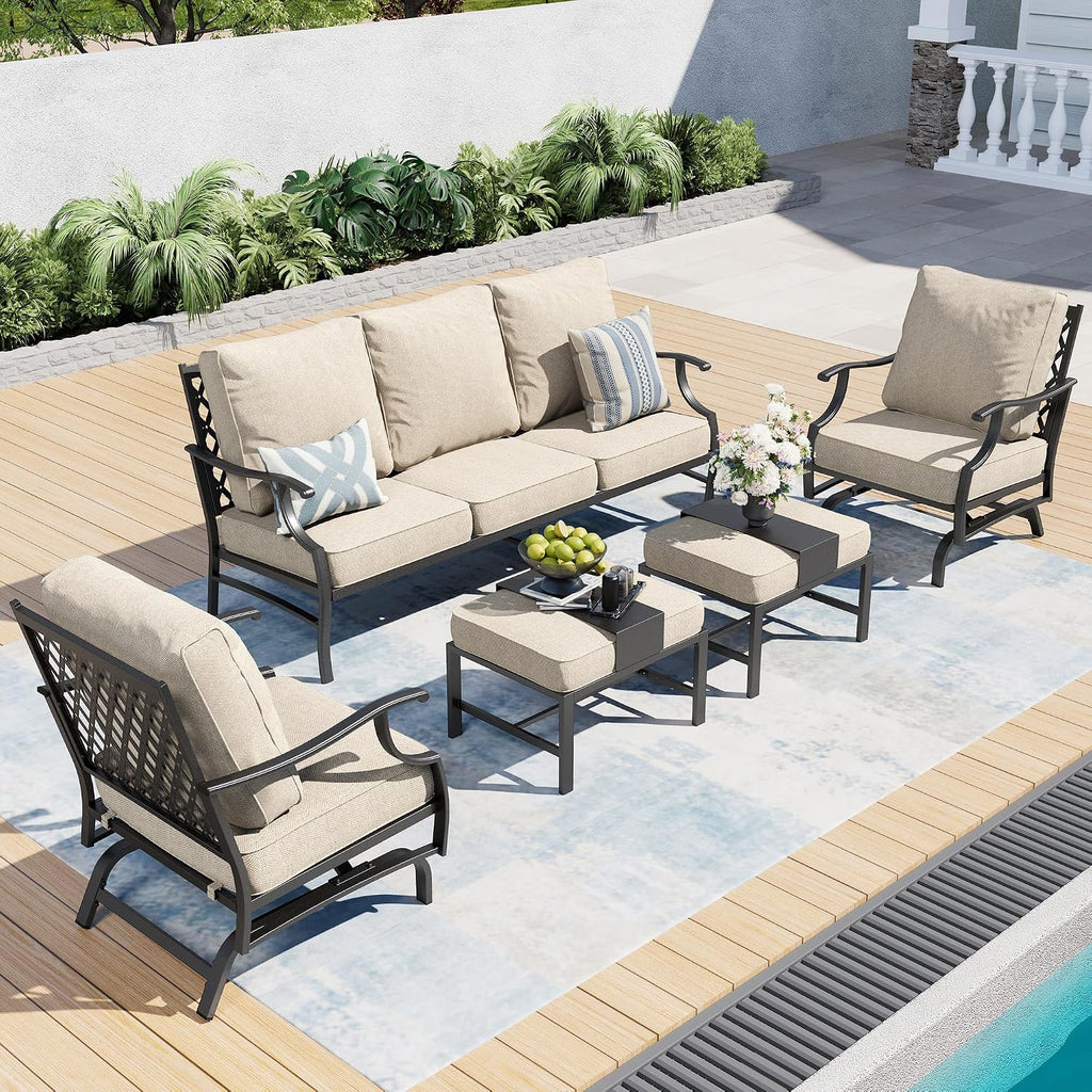 SUNSHINE VALLEY Patio Furniture Set, Modern Metal Outdoor Patio Furniture, 3 Seater Sofa, 2 Rocking Chairs, 2 Ottomans and 5.75' Extra Thick Cushion, Patio Conversation Set for Garden Backyard Deck