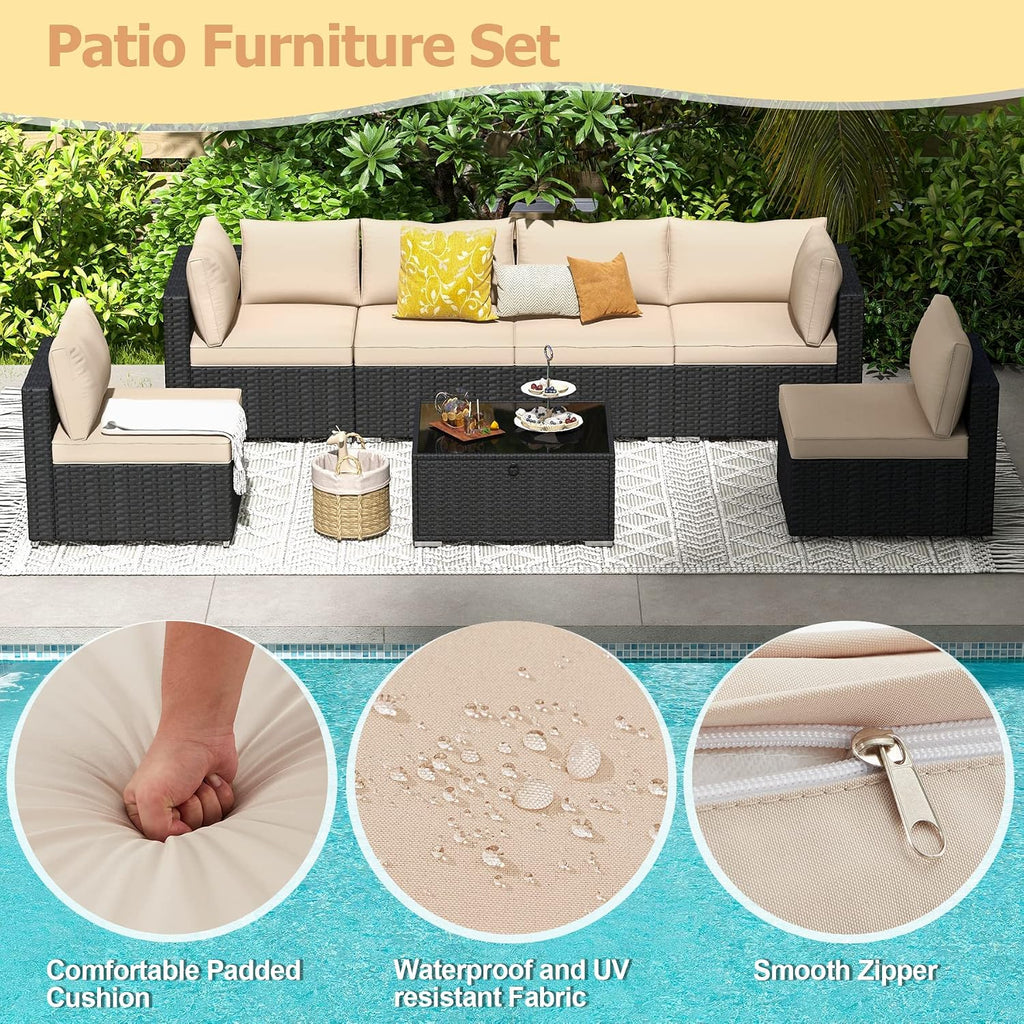 HOMREST 7 Piece Outdoor Patio Furniture, Hand Woven PE Rattan Patio Conversation Sets, Outdoor Sectional Set with Storage Table, Cushions and Pillows, Lift Sofa for Garden, Balcony, Lawn