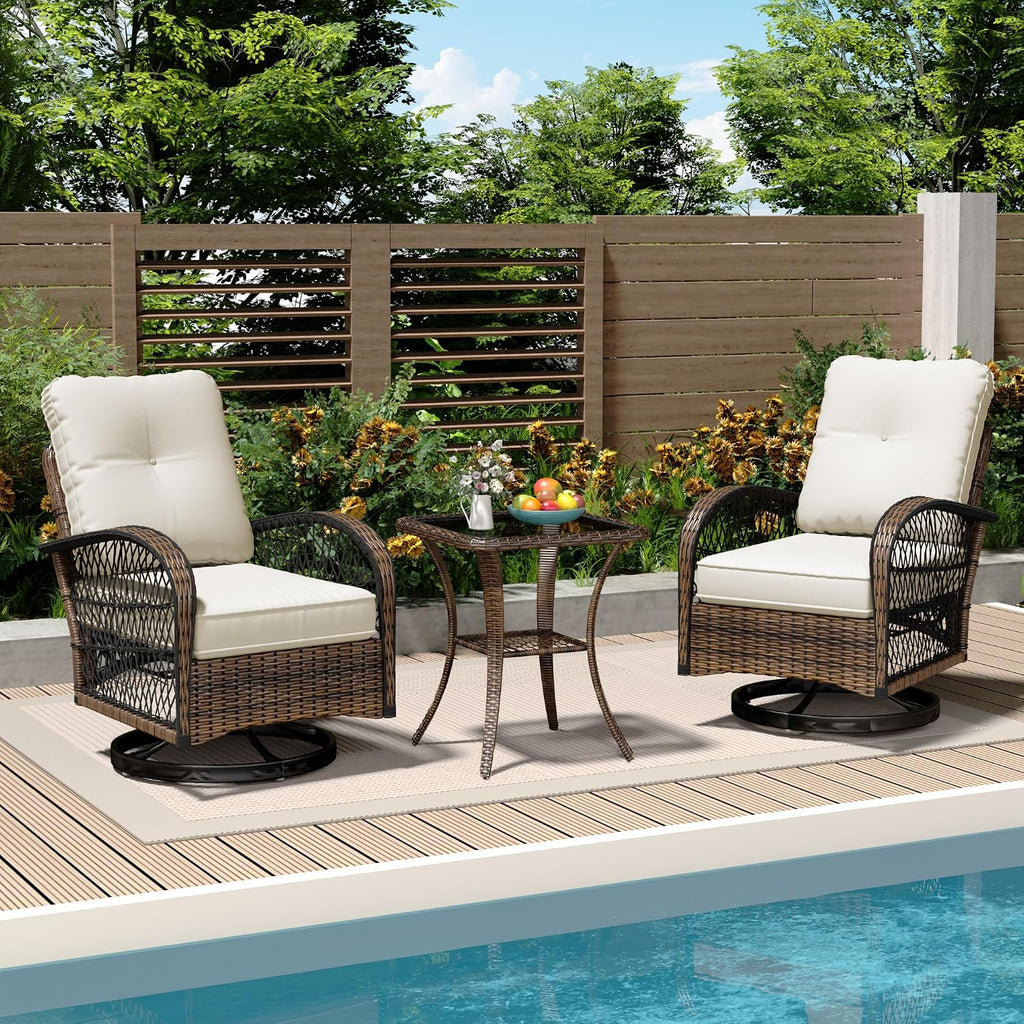 MELLCOM 3 Pieces Patio Furniture Set, Outdoor Swivel Rocker Patio Chairs, Wicker Patio Bistro Set with Rocking Chair, Thickened Cushions and Glass Coffee Table for Backyard, Garden, Beige
