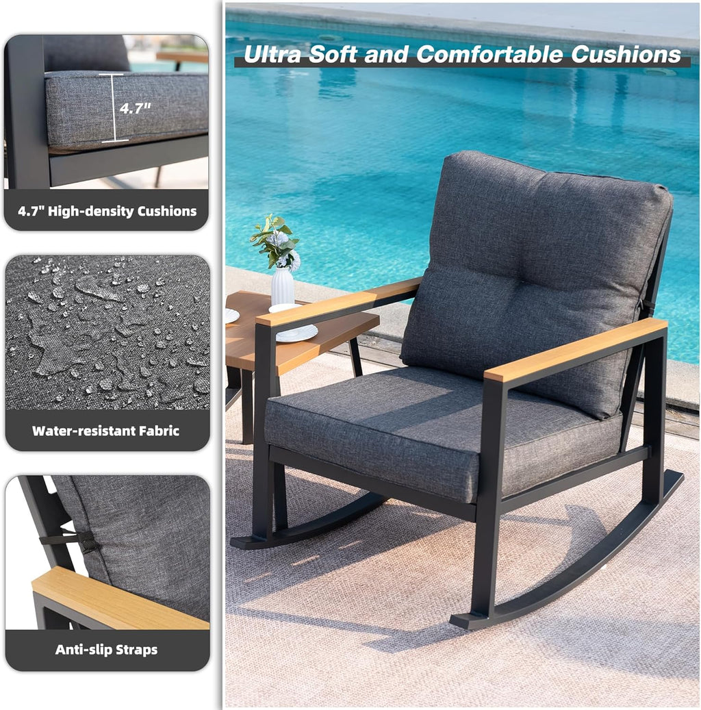3 Pieces Rocking Bistro Set, Outdoor Patio Furniture Set with Thick Cushions and Coffee Table, Patio Conversation Sets for Garden, Balcony, Backyard, Grey