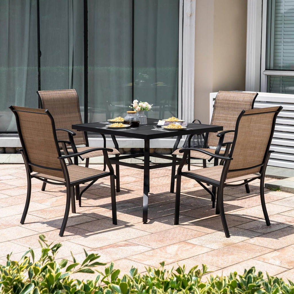 NUU GARDEN 5 Piece Outdoor Dining Set Patio Table and Chairs Set, 4 Textilene Dining Chairs and 1 Iron Patio Table with Umbrella Hole for Garden Patio Backyard, Black and Brown