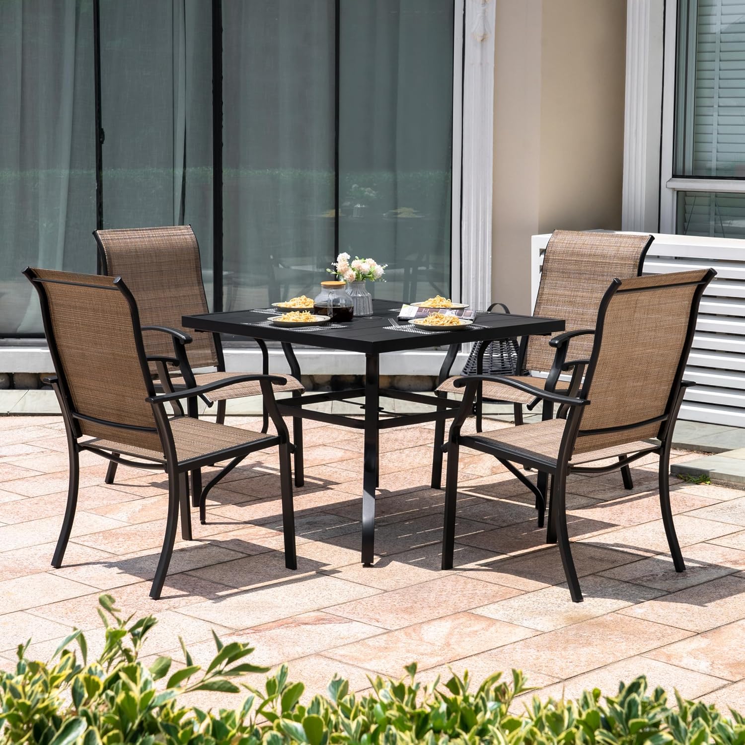 NUU GARDEN 5 Piece Outdoor Dining Set Patio Table and Chairs Set, 4 Textilene Dining Chairs and 1 Iron Patio Table with Umbrella Hole for Garden Patio Backyard, Black and Brown
