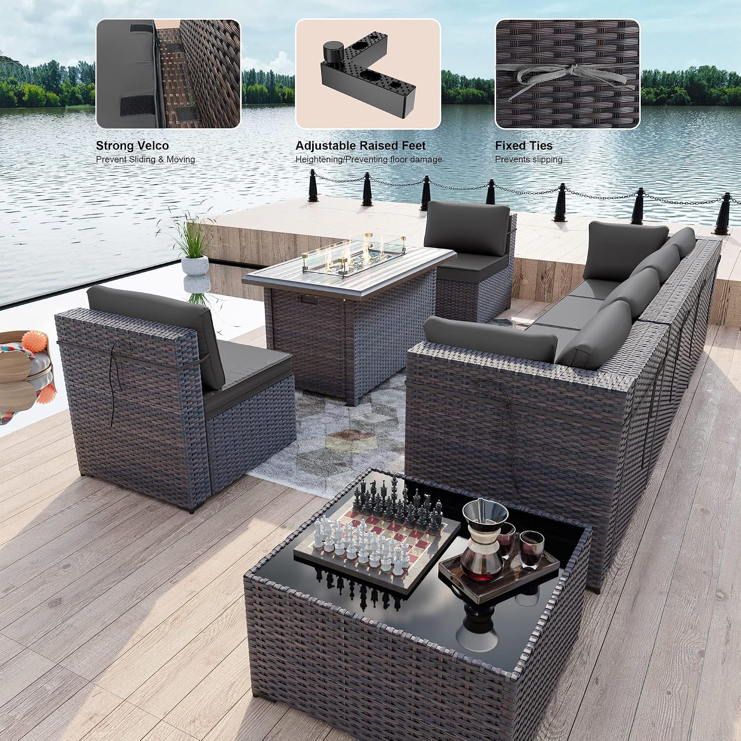 Kullavik 8 Pieces Outdoor Patio Furniture Set with 43' 55000BTU Gas Propane Fire Pit Table PE Wicker Rattan Sectional Sofa Patio Conversation Sets,Grey