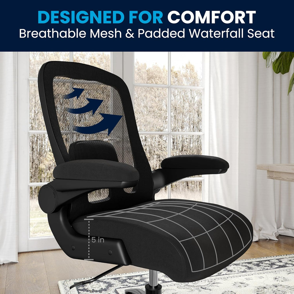 Flash Furniture Big & Tall Swivel Office and Gaming Chair with Lumbar and Back Support, Ergonomic Mesh Office Chair with Flip-Up Armrests and Adjustable Height, Black