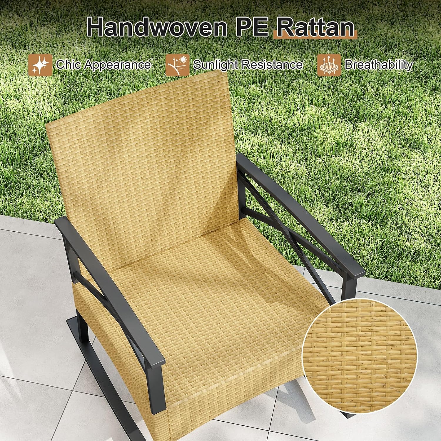 Tangkula 3 Pieces Outdoor Rocking Chairs Set, Rattan Heavy Duty Cushioned Rocker Chairs with 2-Tier Tempered Glass Coffee Table, for Garden, Balcony, Backyard (Yellow+Gray)