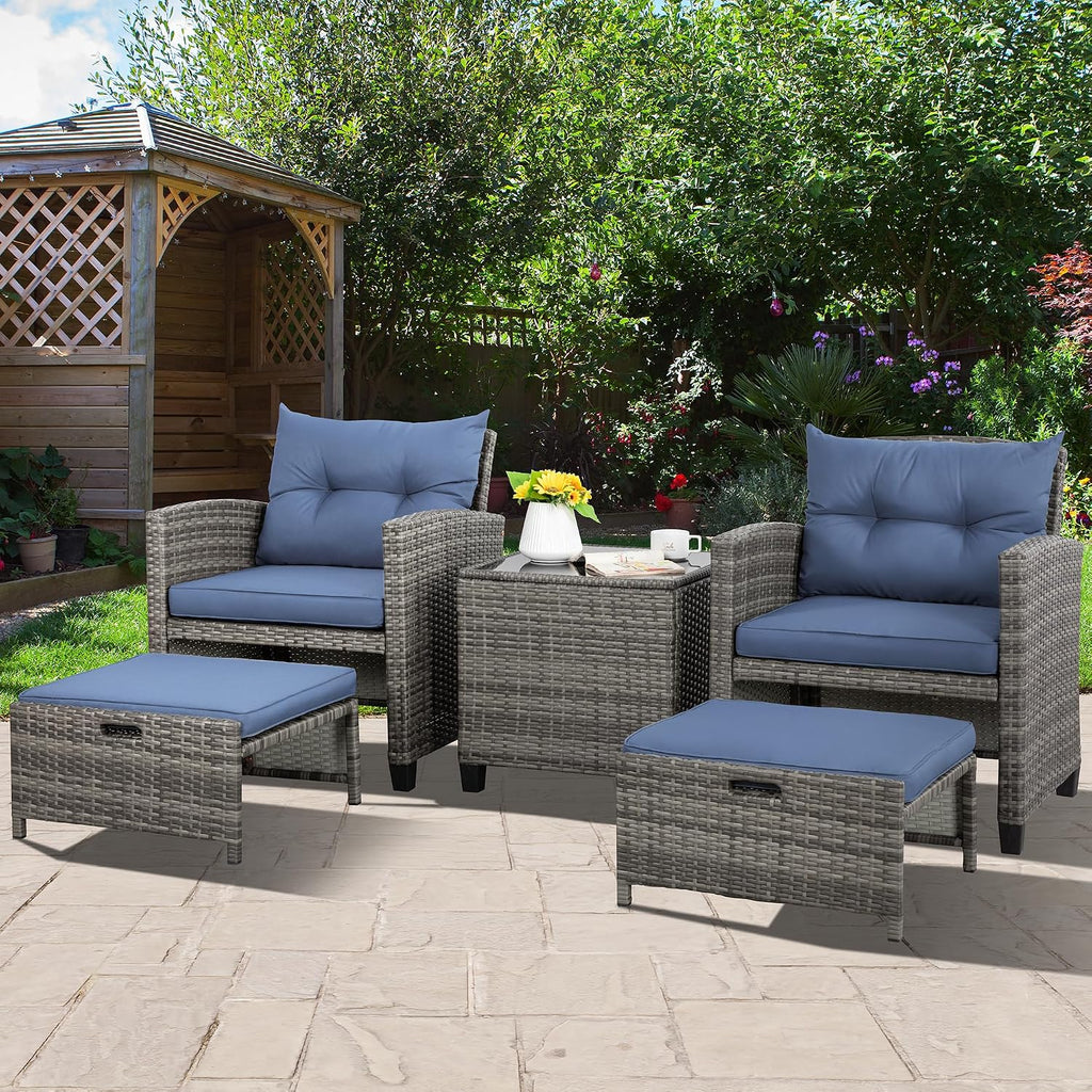 Vongrasig 5 Piece Patio Furniture Set, Small Balcony Furniture, PE Wicker Rattan Patio Chairs Set of 2, Outdoor Lounge Chairs with Cushions Ottomans &Glass Table for Porch Garden(Navy Blue)