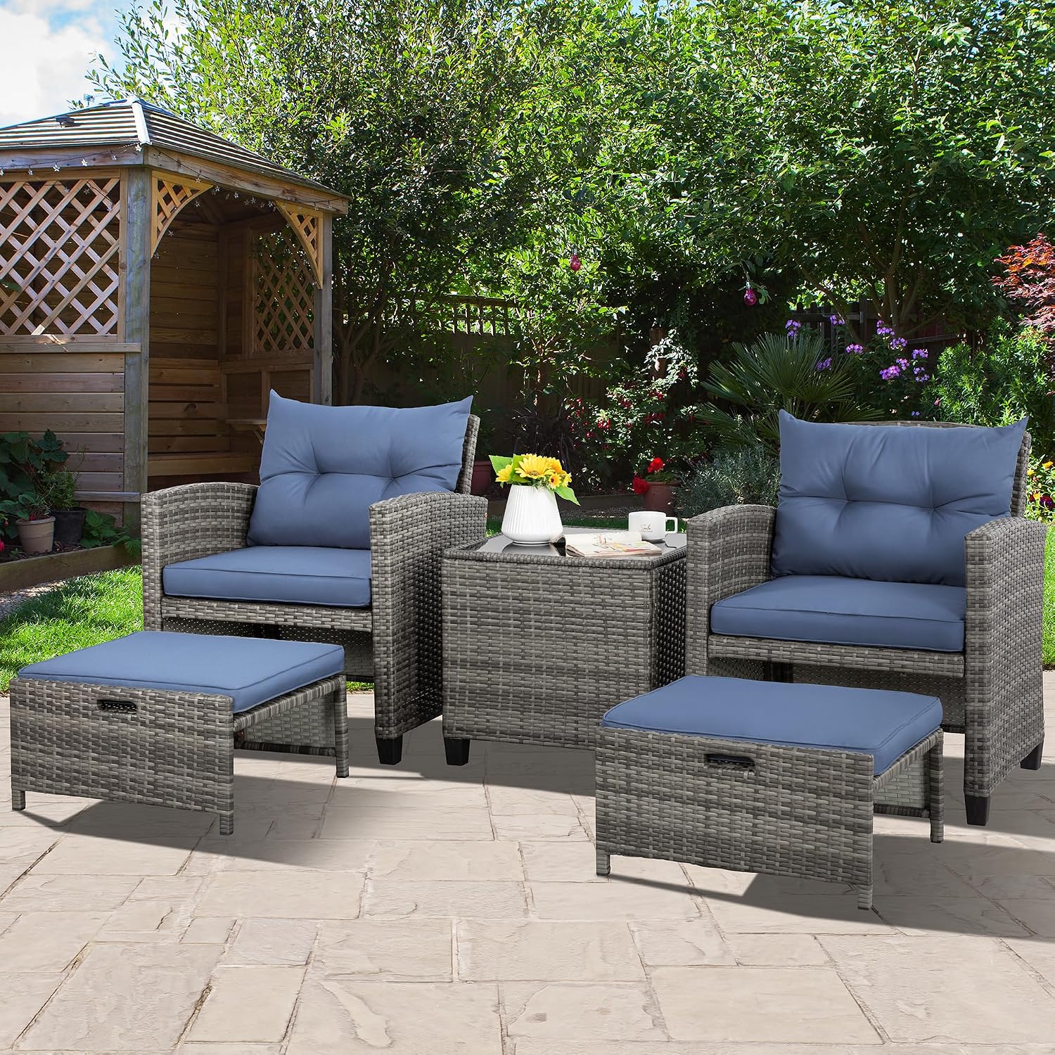 Vongrasig 5 Piece Patio Furniture Set, Small Balcony Furniture, PE Wicker Rattan Patio Chairs Set of 2, Outdoor Lounge Chairs with Cushions Ottomans &Glass Table for Porch Garden(Navy Blue)