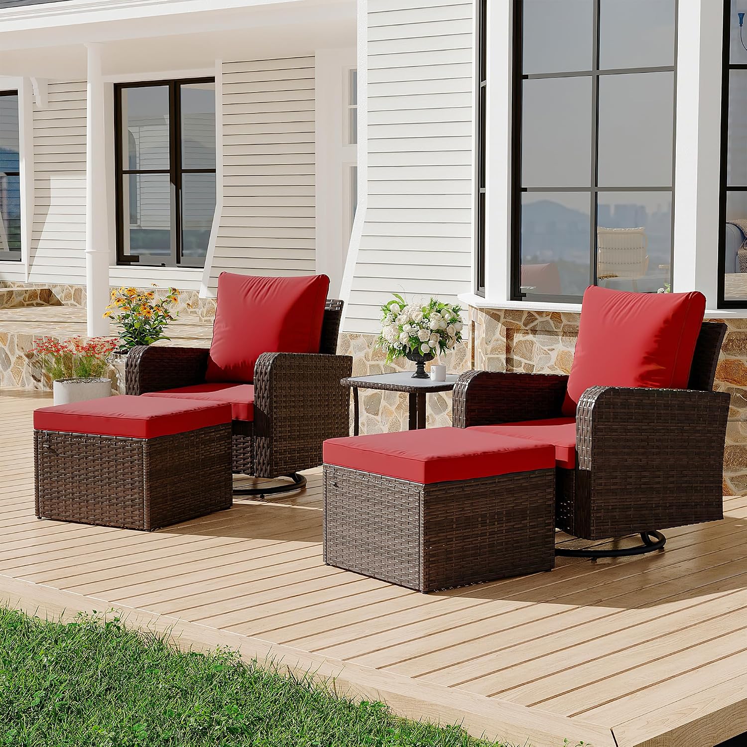 HOMREST 5 Piece Outdoor Patio Furniture Set-Wicker Swivel Chairs Set of 2 w/ 2 Ottoman, Coffee Table & Cushions Small Patio Furniture Set for Garden, Balcony (Wine Red)