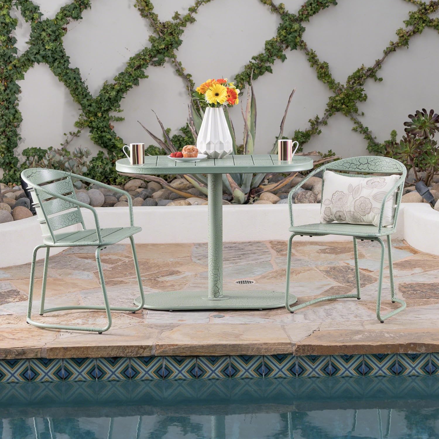 Christopher Knight Home Adley Outdoor Bistro Set, 3-Piece Bistro Table and Chair Set of 2, Patio Furniture Set with Iron Frame, Crackle Textures, Bistro Dining Set, Poolside/Garden Cafeteria, Green