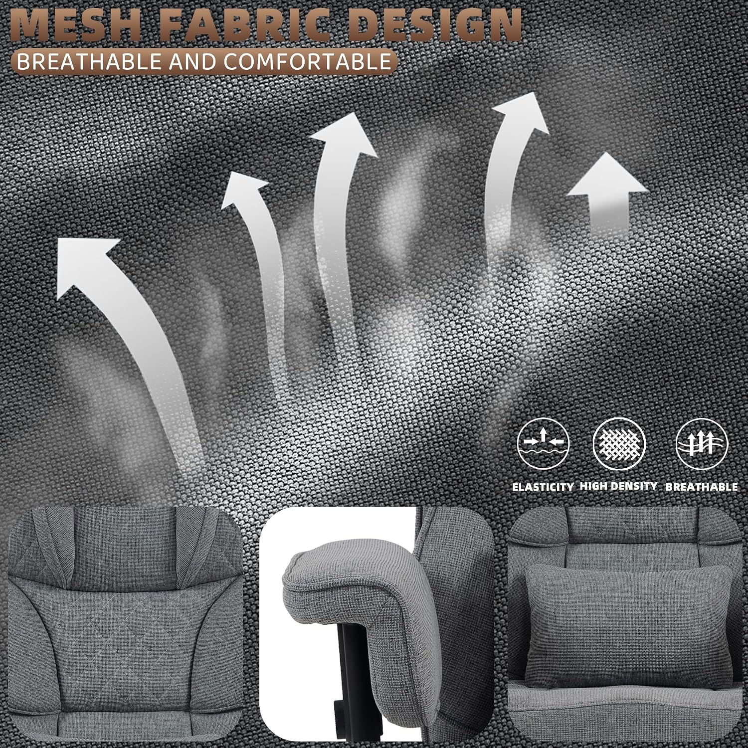 Vonesse Big and Tall Office Chair, Computer Chair with Soft Adjustable Armrests, Ergonomic Gaming Chair with Breathable Linen Design, Executive Chairs with Footrest (Linen Fabric, Gray)