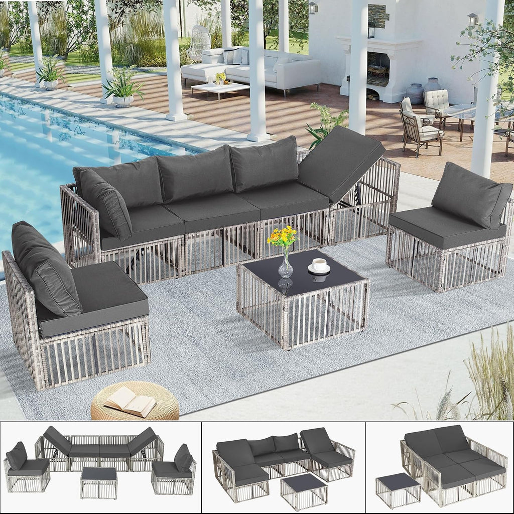 FHFO 7 Pieces Outdoor Patio Furniture Set, Wicker Outdoor Sectional Conversation Couch Set with Adjustable Backrest Sofa, Thick Cushion & Coffee Table for Garden, Porch, Poolside, Grey/Grey