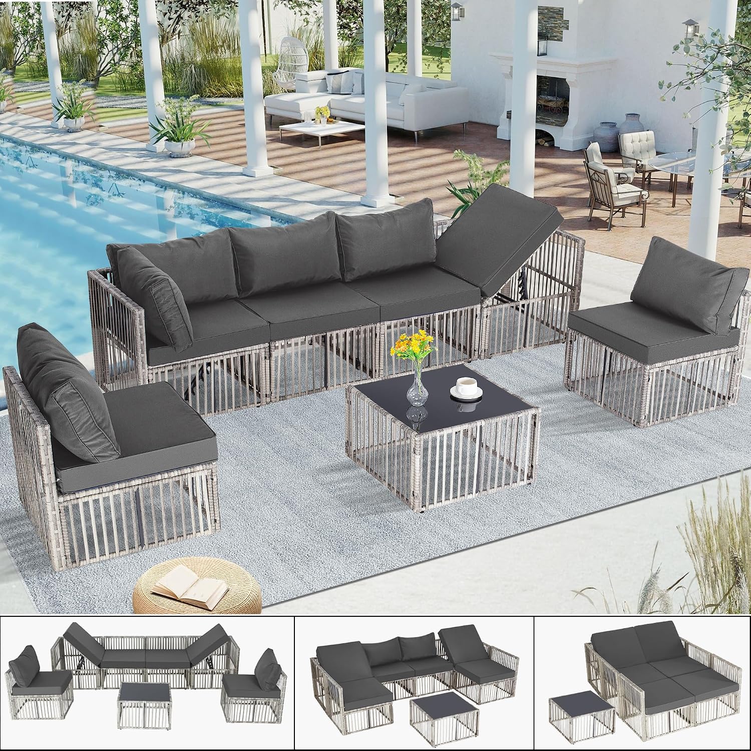 FHFO 7 Pieces Outdoor Patio Furniture Set, Wicker Outdoor Sectional Conversation Couch Set with Adjustable Backrest Sofa, Thick Cushion & Coffee Table for Garden, Porch, Poolside, Grey/Grey