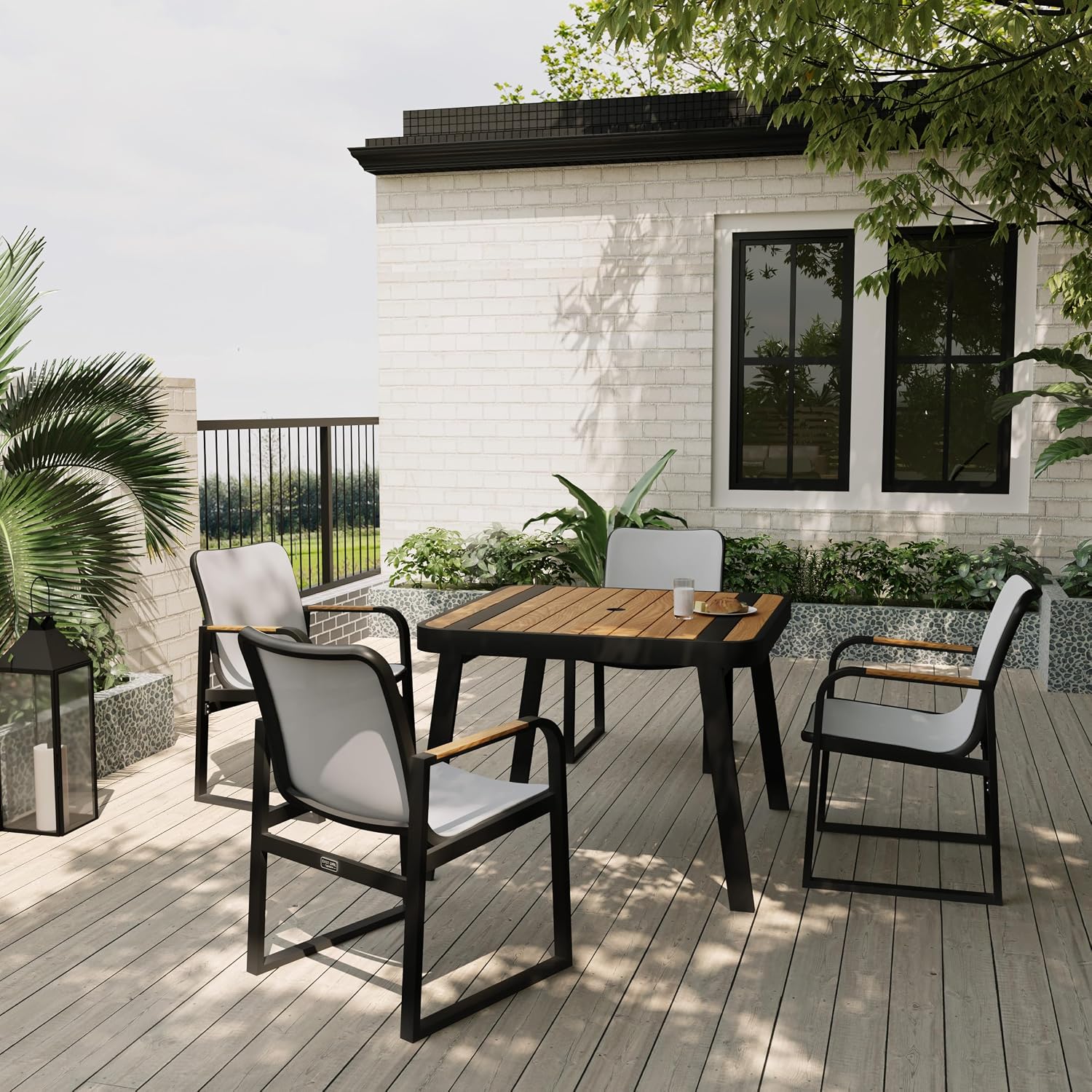 EAST OAK Signature 5 Pieces Outdoor Dining Set, Patio Furniture Set with Finest Teak Wood, Powder-Coated Aluminum Frame Table and Teslin Fabric Chairs, Patio Dining Set for Garden and Yard, Dark Grey