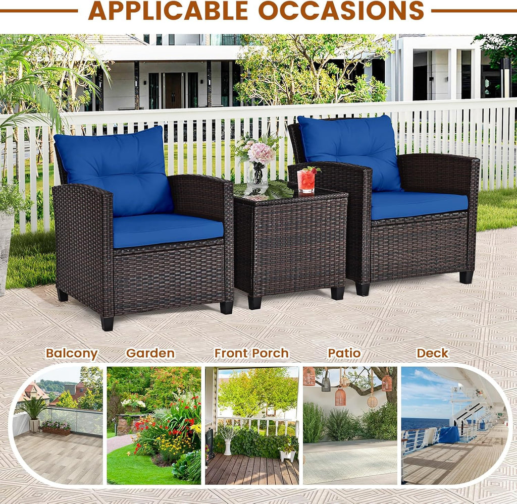 ORALNER 3 Pieces Patio Furniture Set, Outdoor Wicker Conversation Set Rattan Chairs with Cushions, Glass Coffee Table, Bistro Set for Front Porch Balcony Garden Deck Poolside (Navy)