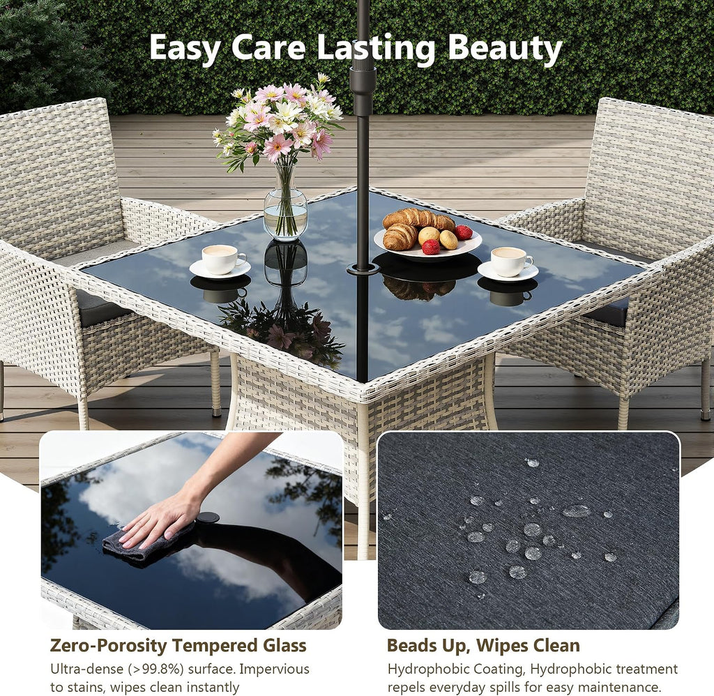 Outdoor Dining Set, 10-Piece Patio Furniture Set with Tempered Glass Table and 8 Cushioned Chairs, Dual-Strand Wicker Rattan, Balcony Furniture for Backyard, Garden, Deck,– Black