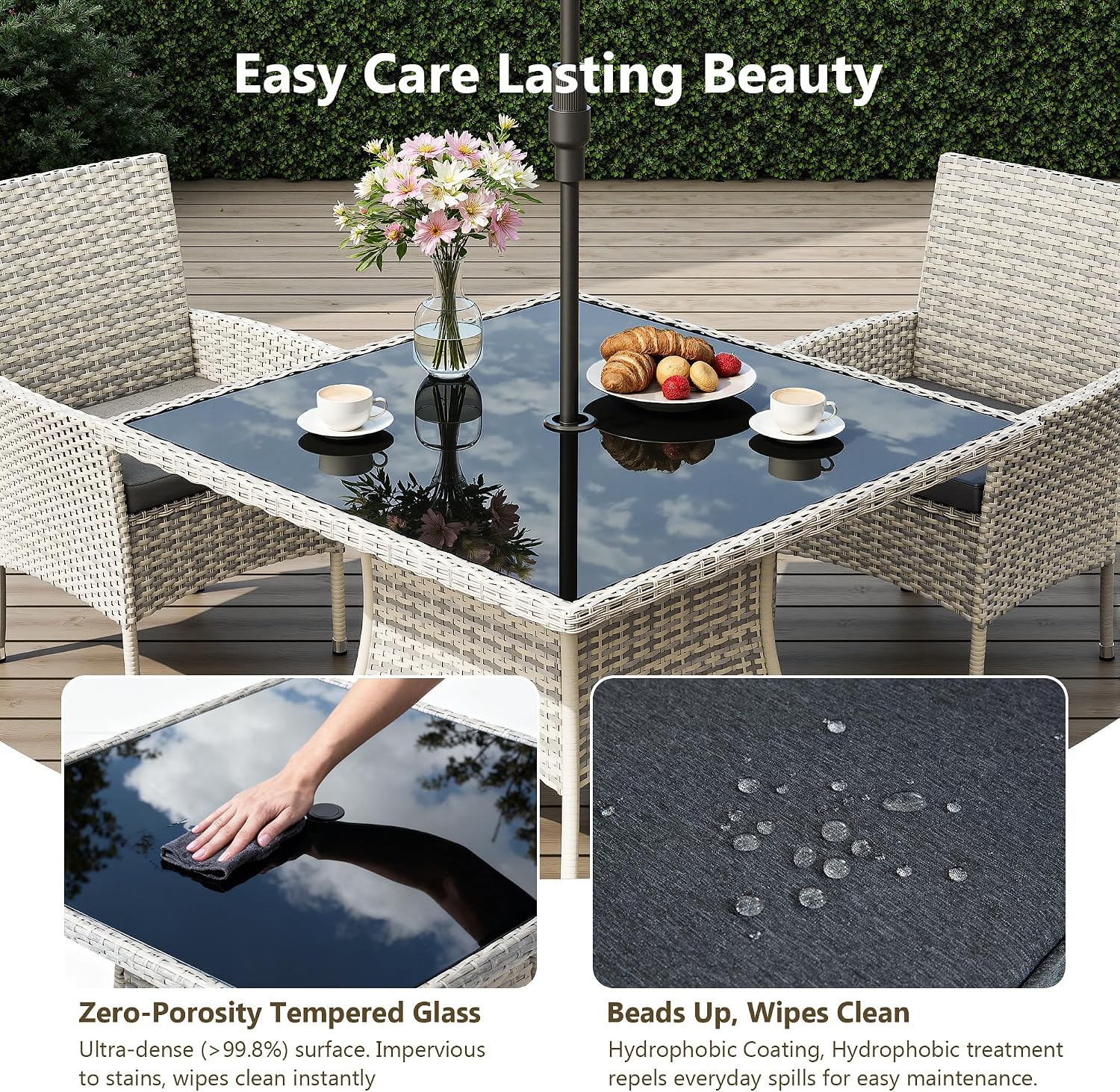 Outdoor Dining Set, 10-Piece Patio Furniture Set with Tempered Glass Table and 8 Cushioned Chairs, Dual-Strand Wicker Rattan, Balcony Furniture for Backyard, Garden, Deck,– Black