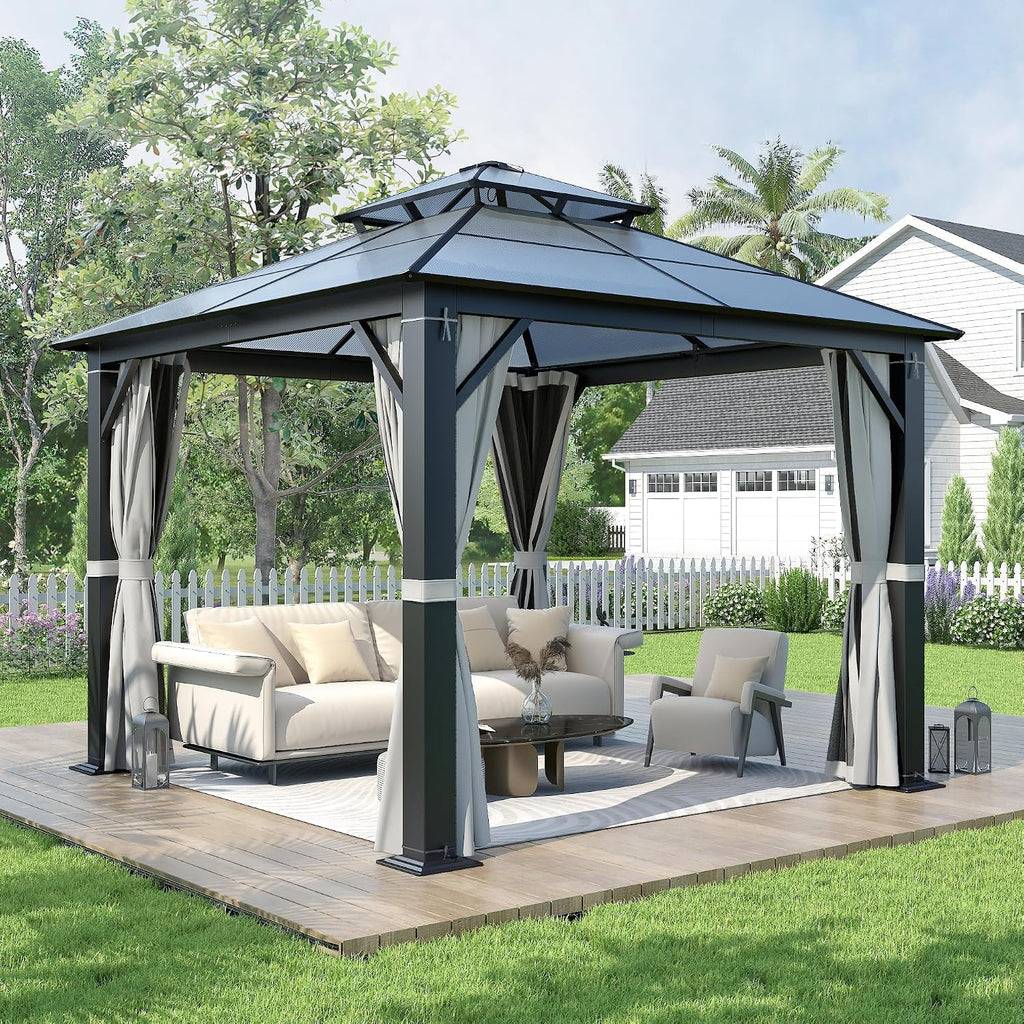 10'x10' Hardtop Gazebo, Upgrade Outdoor Polycarbonate Gazebos with Netting and Curtains, Heavy Duty Metal Pavilion for Patio, Backyard, Deck and Lawn