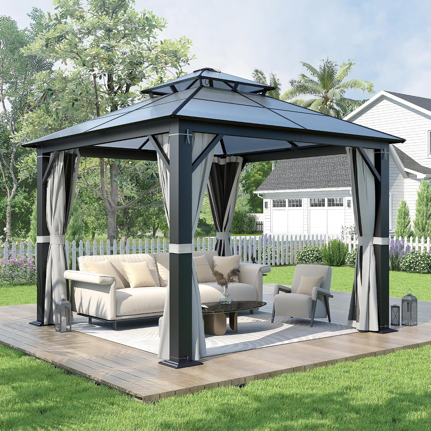 10'x10' Hardtop Gazebo, Upgrade Outdoor Polycarbonate Gazebos with Netting and Curtains, Heavy Duty Metal Pavilion for Patio, Backyard, Deck and Lawn