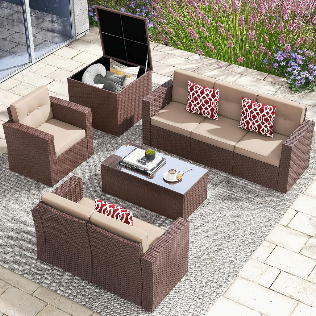 JOIVI 8 Pieces Outdoor Patio Furniture Set with 88 Gallon Storage Box, Rattan Wicker Patio Conversation Set with Coffee Tea Table, Outdoor Sectional Furniture Sofa Set with Cushions, Brown