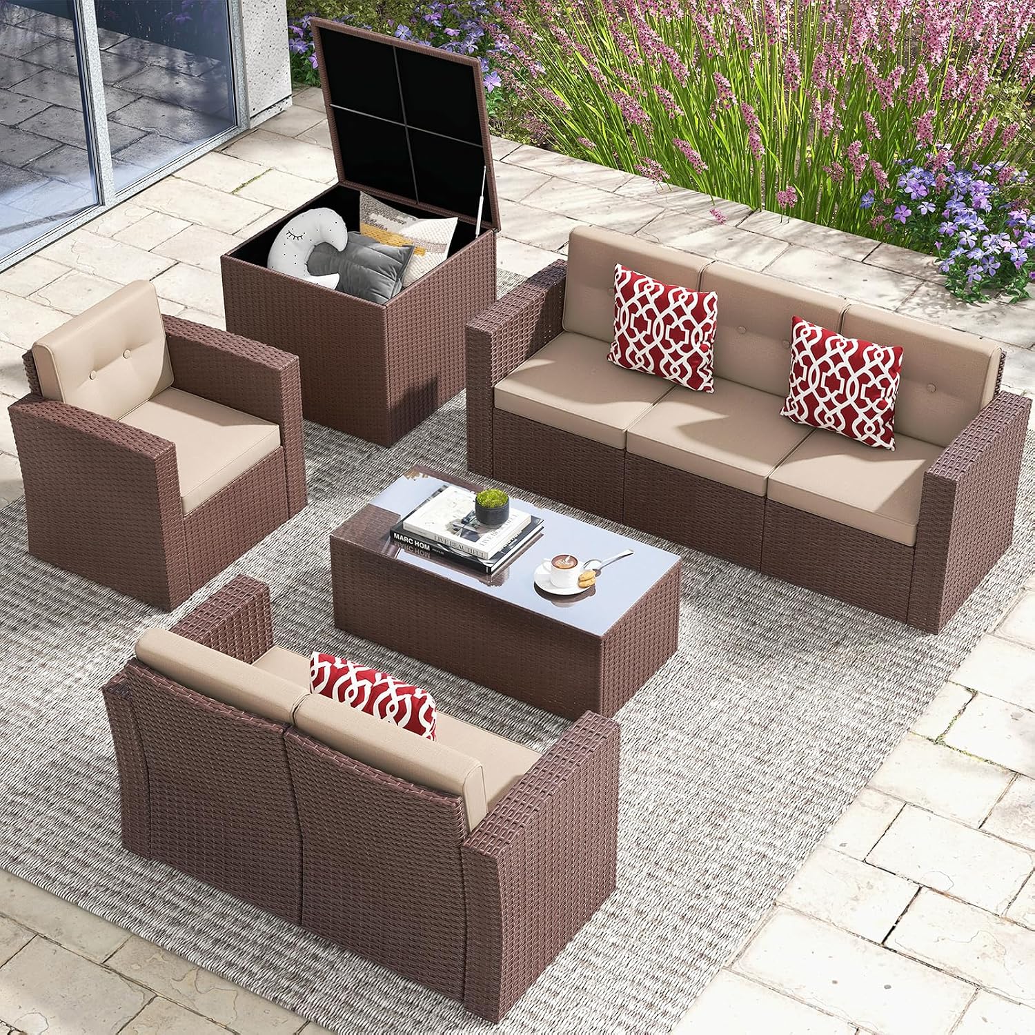 JOIVI 8 Pieces Outdoor Patio Furniture Set with 88 Gallon Storage Box, Rattan Wicker Patio Conversation Set with Coffee Tea Table, Outdoor Sectional Furniture Sofa Set with Cushions, Brown